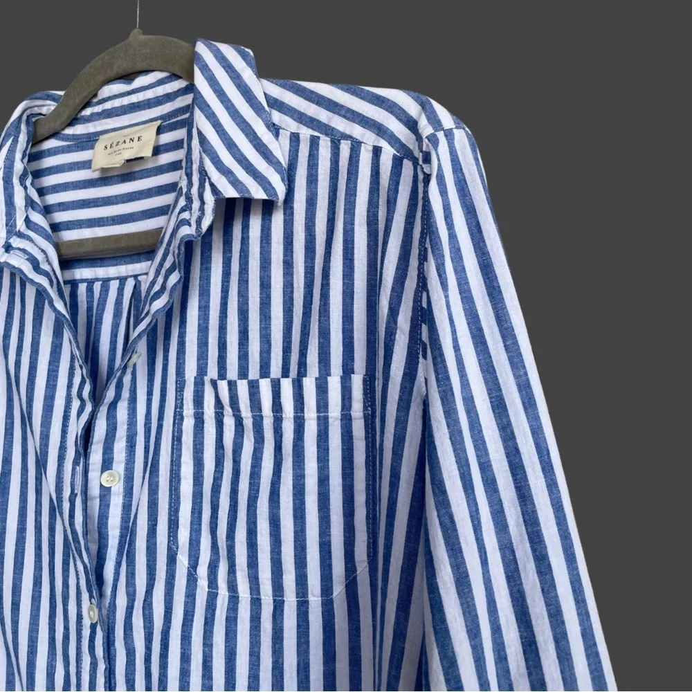 SEZANE Classic Oversized Blue & White Striped Linen Cotton Button Down Max Shirt - Picture 4 of 17